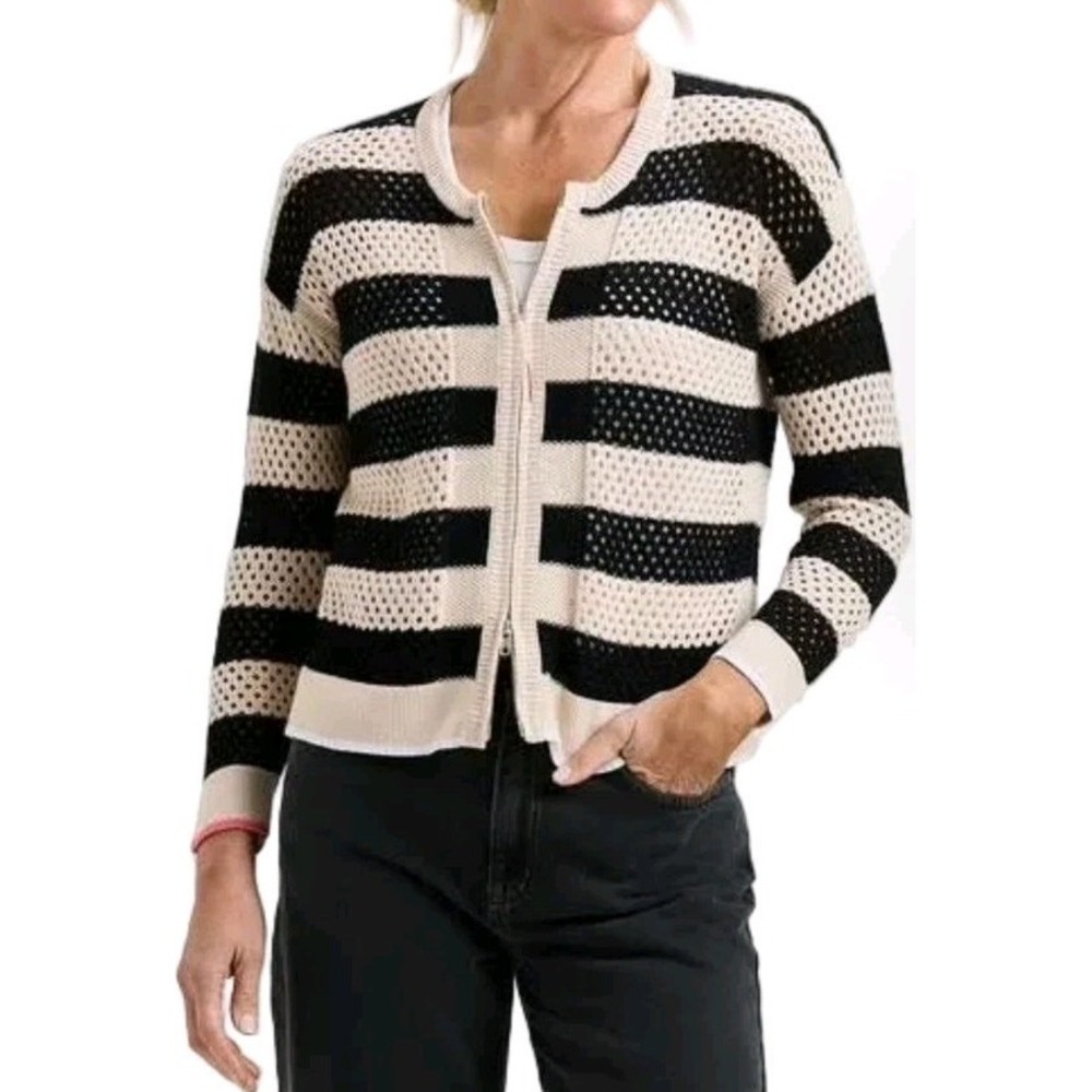 Zaket & Plover Pointelle Zip Cardigan Womens Size Small Black Beige 100% Cotton